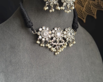 Flower Silver-plated German Silver Oxidized Choker Necklace set - SILVER