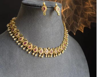 Paisley Gold mango necklace Set - South Indian Jewellery