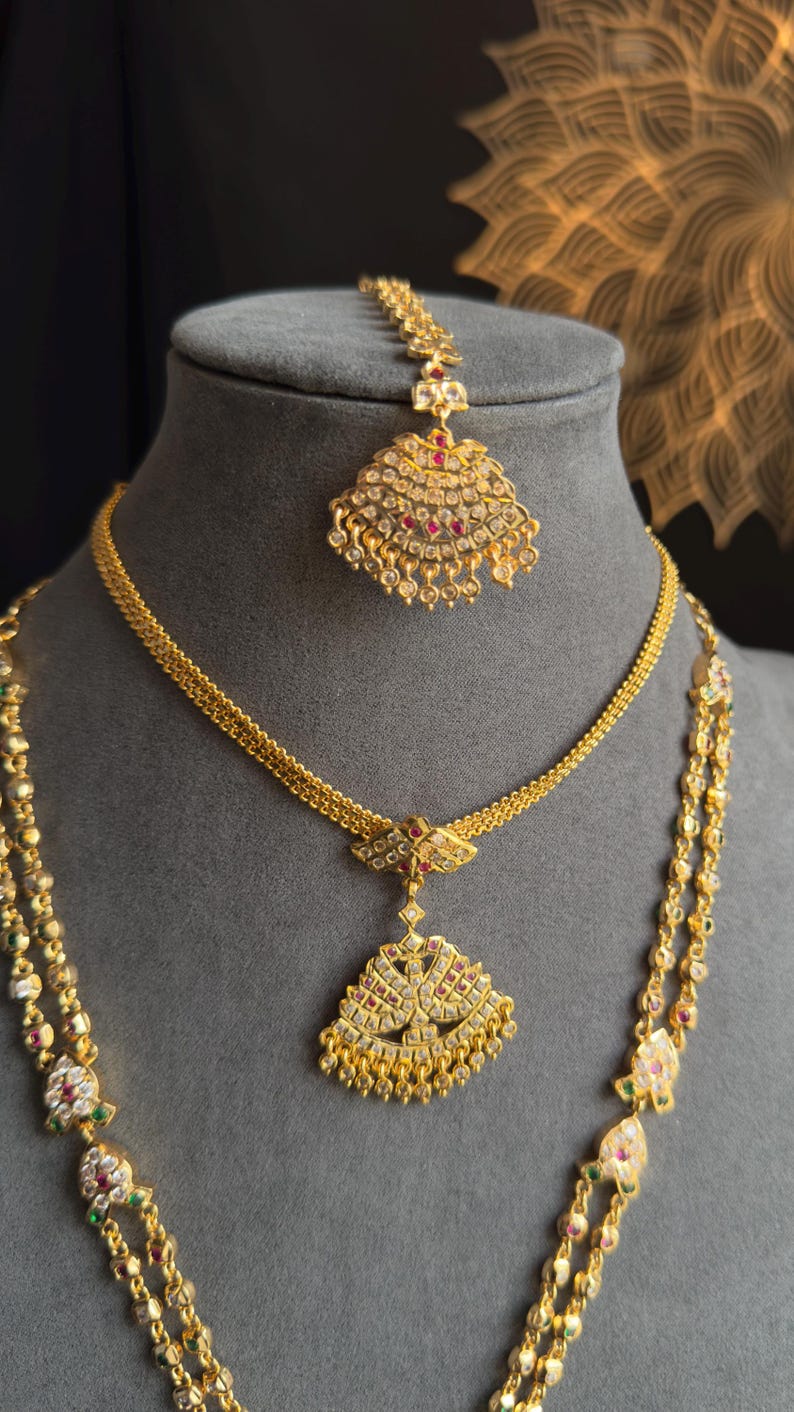 Gold Atigai Pacholam South Indian Gold Long Necklace Set - TRADITIONAL image 4