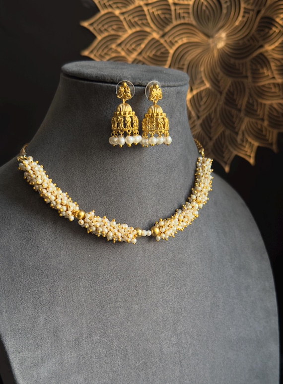 Panoply Golden cluster pearl South Indian Jewelry Necklace Set - BUDGET