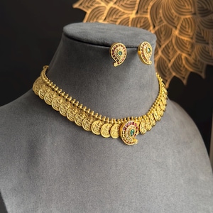 Panoply Traditional Lakshmi Coin South Indian Jewelry Necklace Jhumka Set - TEMPLE