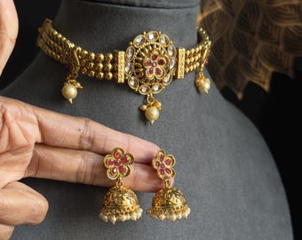 Panoply Traditional Reverse AD Choker Jhumka Indian Pakistani Necklace Choker set - BOLLYWOOD