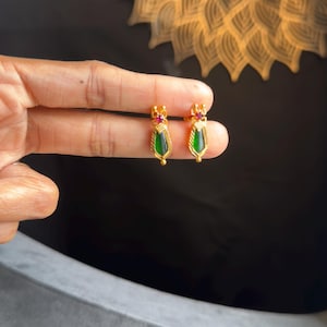 South Indian Jewelry Traditional Palakka Earrings | Kerala Nagapadam Jewelry with Green Leaf & Ruby Stones | Traditional Daily Wear earings