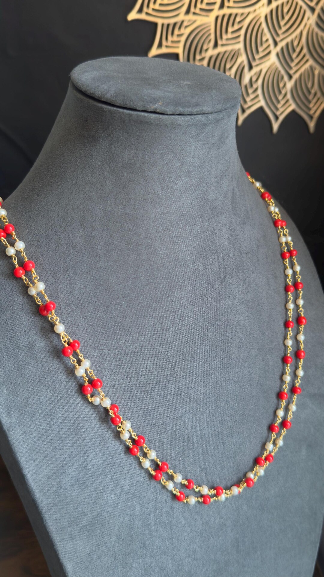 Pearl Pavazha Mala 23.5 Micro Gold 24 Inch Coral Indian Mala