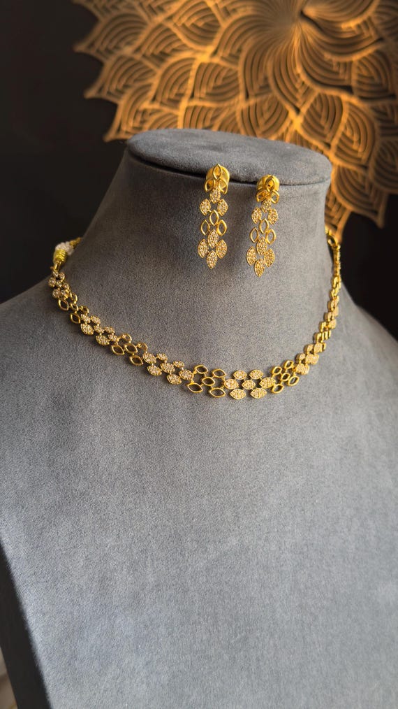 Panoply Dainty Matt Gold AD Necklace set stud Earrings Indian Gold Necklace Set Indian Party wear jewelry Cubic Zirconia Necklace set