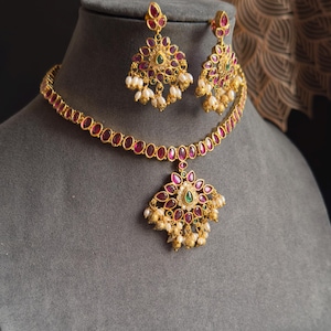Traditional Kemp South Indian Jewelry Atigai Set with Ruby Accents - South Indian TRADITIONAL
