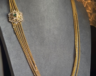 Mogappu Side Pendant Emerald Raani Haar Long Necklace  South Indian Long Necklace Temple Jewelry | Antique Gold Plated Multi-Strand Haram