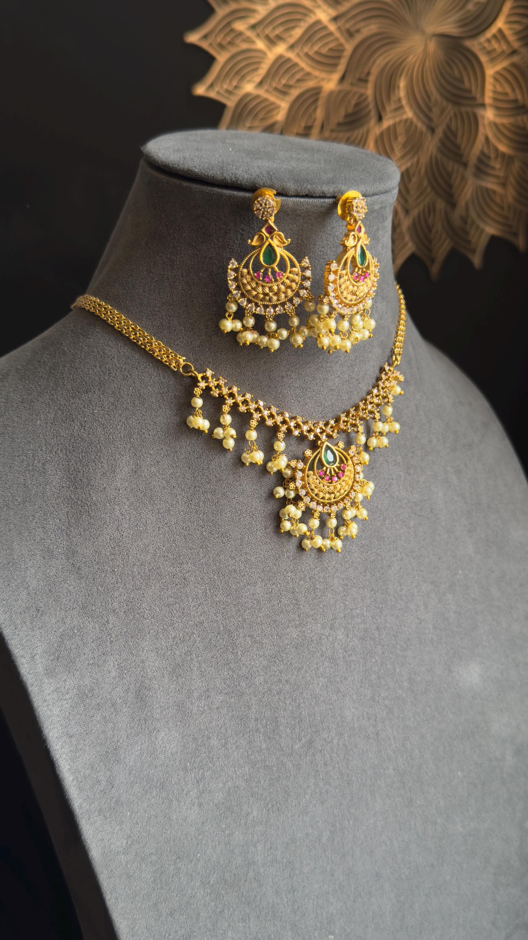 American Diamond Ruby Gold South Indian Jewelry Necklace Set