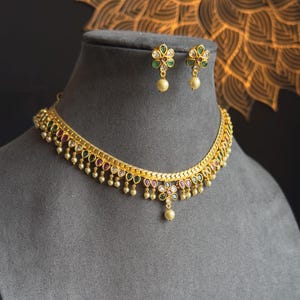 Panoply dainty Gold South Indian kemp Jewelry Necklace Set - TRADITIONAL jewelry
