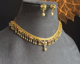 Panoply dainty Gold South Indian kemp Jewelry Necklace Set - TRADITIONAL jewelry