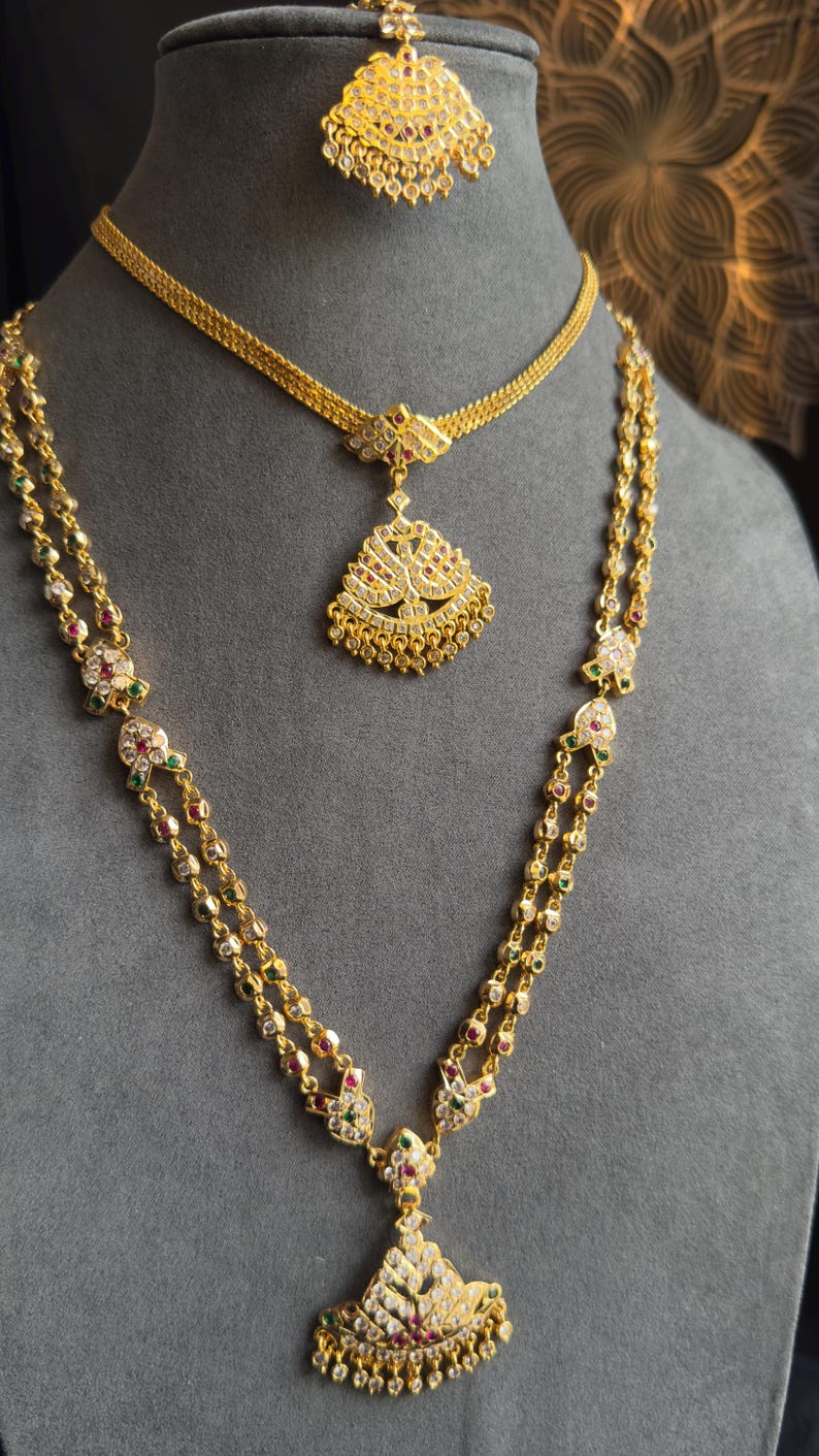 Gold Atigai Pacholam South Indian Gold Long Necklace Set - TRADITIONAL image 2