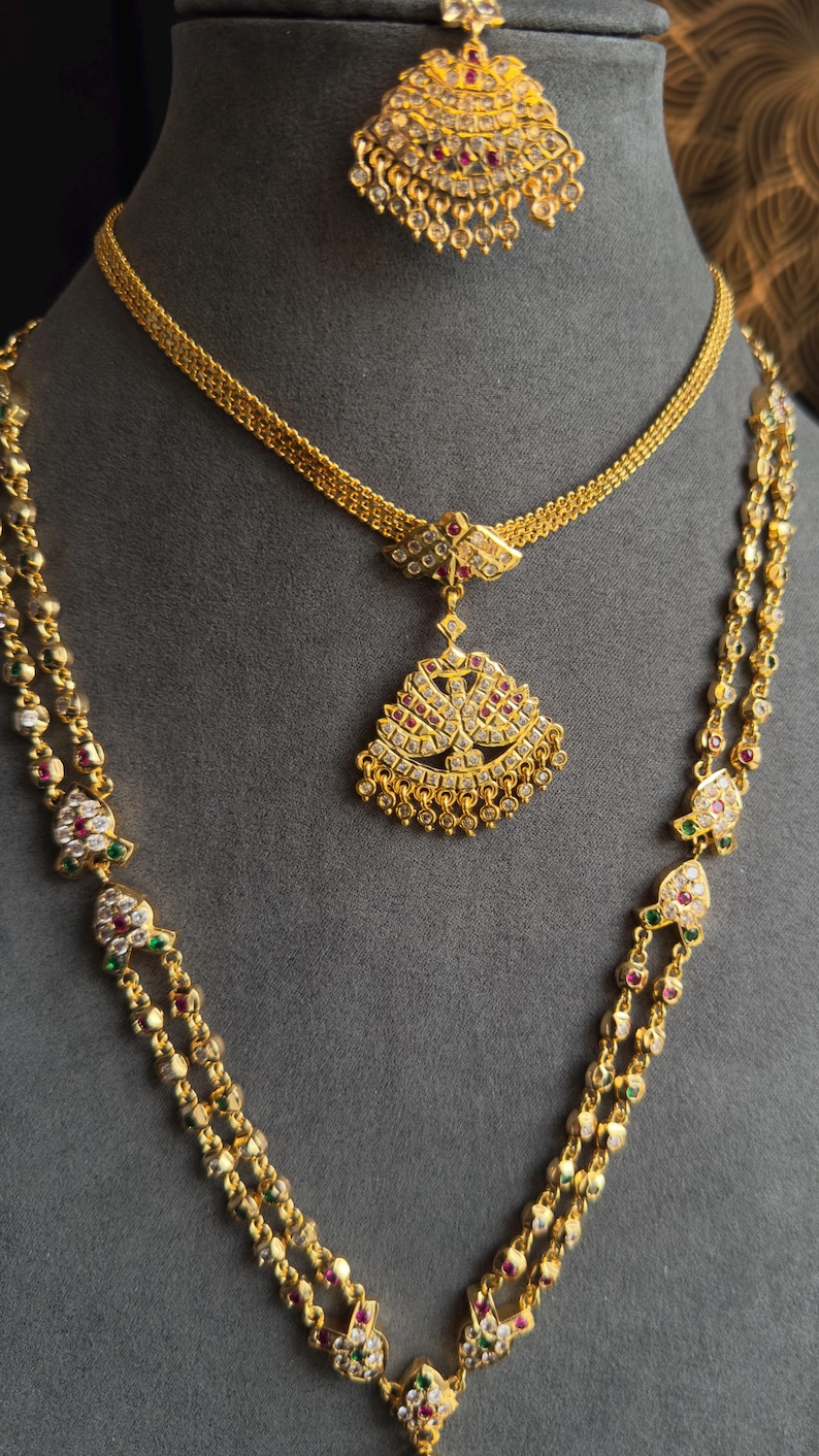 Gold Atigai Pacholam South Indian Gold Long Necklace Set - TRADITIONAL image 3