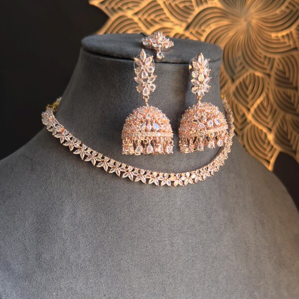 Zirkonia Rosegold Indisch Pakistanisch Westamerikanisch Diamant Halskette Set Jhumka & Tikka - INDO WESTERN