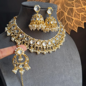 Panoply Handmade Faux Kundan Mirror Polki Choker Necklace Set Tikka Jhumka Indian Pakistani- BOLLYWOOD