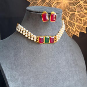 PANOPLY Pearl Stone Simple Party Choker Set South Indian Jewelry - BUDGET