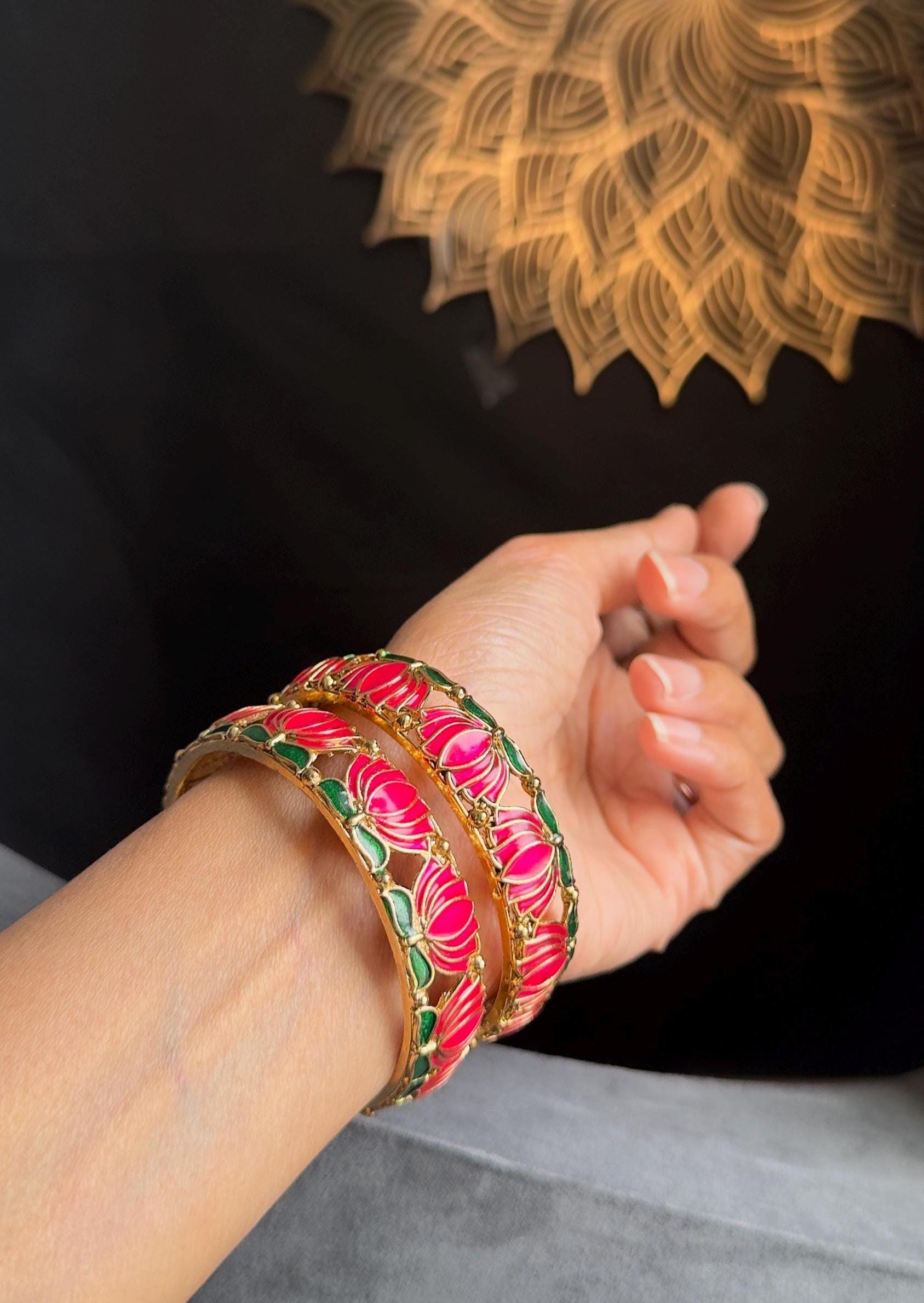 Set of 2 Lotus Gold Enamel Hand Painted Bangle South Indian