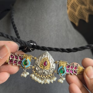 Unieke handgemaakte Indo-western tweekleurige zilveren Indiase sieraden choker set | Duitse zilveren kettingset afbeelding 4