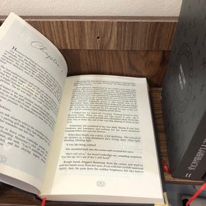 May include: An open book with the title "Chapter 1" visible, alongside text from the novel. A second book, "Bott Dreaco Flashbacks II", is partially visible on a shelf. The scene is set on a wooden surface.