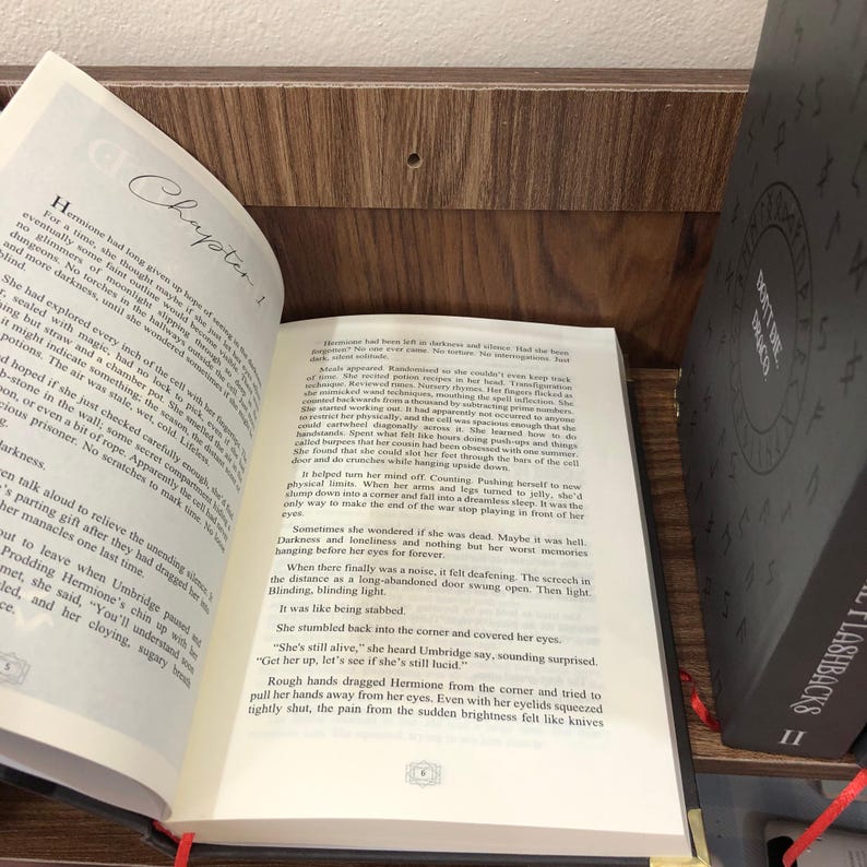 May include: An open book with the title "Chapter 1" visible, alongside text from the novel. A second book, "Bott Dreaco Flashbacks II", is partially visible on a shelf. The scene is set on a wooden surface.
