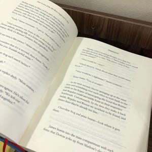 Pu&ograve; includere: Un libro aperto con testo sulle pagine. Il testo include frasi come "Just Lovers (Like We Were Supposed To Be)" e "Chocolate frog and pixie brains". Il libro &egrave; su una superficie di legno.