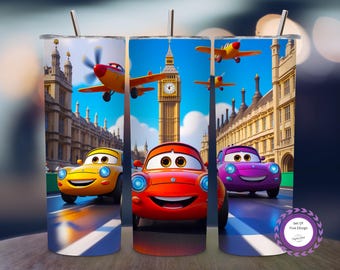 Söt tecknad röd racerbil med Londonmotiv, 590 ml smalt tumblerpapper, högupplöst digital sublimeringsdesign för barn och bilälskare