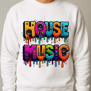 ハウスミュージックTシャツPNG、DJスピーカーグラフィックデザイン、カラフルな音楽愛好家用昇華転写プリント、レトロフェスティバルパーティーシャツデジタルダウンロード