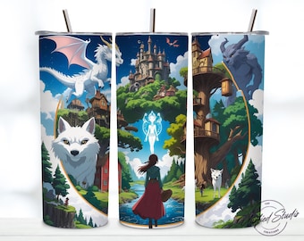 Fantasy Anime Ghibli-Inspired 20oz Tumbler Wrap Design | Magical Landscape Art | 300 DPI High-Resolution Digital Download PNG