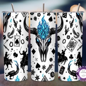 Western Cowboy Skull Tumbler Wrap - 20 Unzen Blue Flame Bull Skull Design - Hohe Auflösung PNG für Sublimation - Rodeo Würfelkarten Zippo Muster