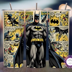 May include: A stainless steel tumbler featuring a comic book-style design with Batman illustrations. The design includes panels with Batman and Robin, the Batman logo, and text bubbles. The tumbler has a silver straw and a lid.