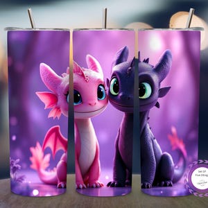 Casal de dragões de fantasia animados, embalagem para copo de 20 onças PNG – Estilo de desenho animado fofo, design de sublimação de alta resolução para crianças, fãs e presentes 300 DPI