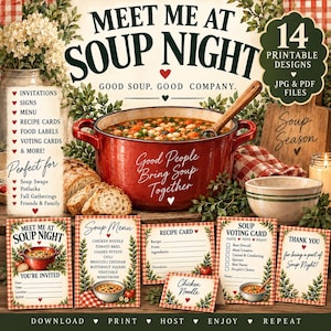 May include: A digital collection of 14 printable soup night party stationery designs including invitations, menus, recipe cards, and voting cards. The graphics feature a red soup pot, bread, and greenery with text reading Meet Me At Soup Night.