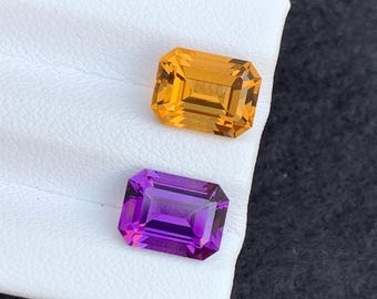 5.90 Carat Amethyst Citrine Pair: Emerald Cut Gemstones