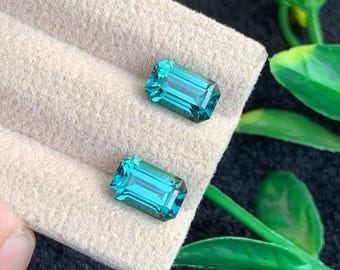 3.71 Carats Natural Lagoon Tourmaline Pair with Emerald Cut from Afghanistan | Blue Green Earring Pair