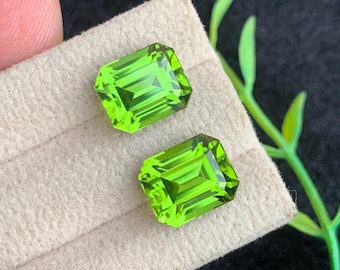 11.70 Carats Natural Green Peridot Gemstone Pair with Emerald Cut for Earrings
