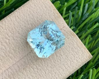 8.20 Carats Loose Aquamarine Gemstone with Long Asscher Cut from Africa