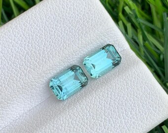 2.05 Carats Greenish Seafoam Tourmaline Pair – Emerald Cut for Earrings from Afghanistan