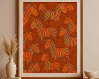 Colorful Zebra Wall Art, Warm Tones, Vibrant Safari Decor, Animal Print, Boho Jungle Poster, Cozy Room Artwork