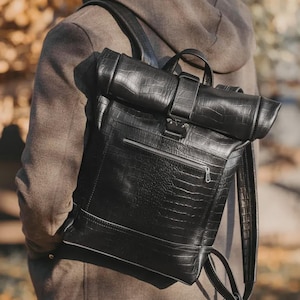 Leather Roll Top Backpack for Men – Handmade Black Rolltop Laptop Rucksack, Genuine Leather Work Travel Minimalist Backpack, Gift for Him