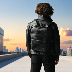 Leather Backpack for Men & Women – Black Cayman Laptop Bag, Handmade Minimalist Rucksack, Bag for Work School Travel, Personalized Gift