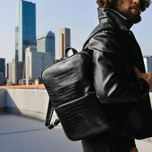 Black Leather Backpack for Men – Handmade Minimalist Laptop Rucksack, Business Work Travel Backpack Purse, Personalized Gift for Him