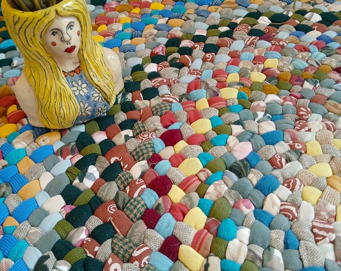 New Ready to Ship Colorful Round Recycled Handmade Braided Rug in Blue ...