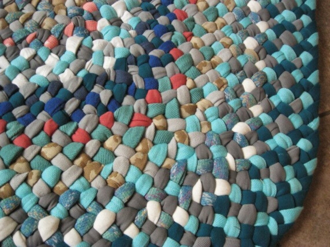 Made to Order Handmade Recycled Aqua Braided Oval Rug / Rag Rug in Your ...