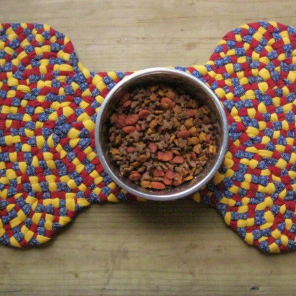 Red, Yellow Braided Dogbone Mat from recycled cotton