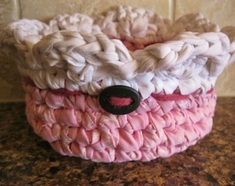 Ready To Ship Cotton Catch-All Crochet Basket / Bowl in cotton candy pink for nursery / little gir'ls room from recycled fabric