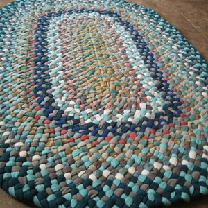 Made To Order Handmade Recycled Aqua Braided Oval Rug / Rag Rug in your color choices for your bath / kitchen / nursery / entryway / office