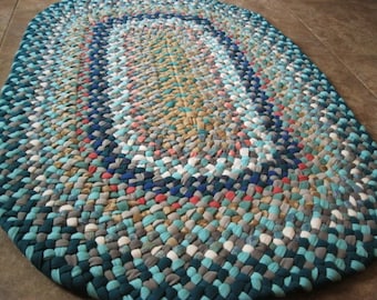 Made To Order Handmade Recycled Aqua Braided Oval Rug / Rag Rug in your color choices for your bath / kitchen / nursery / entryway / office