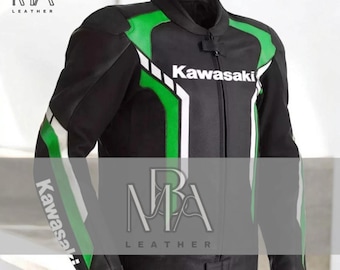 Kawasaki Racing Jacket: Cowhide Leather Biker Jacket