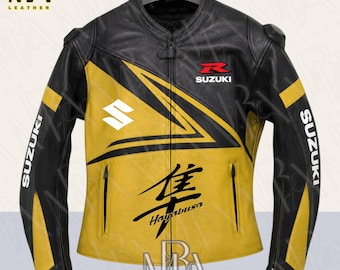 Suzuki Hayabusa Leather Motorcycle Jacket: Cowhide Biker Racing Style Yellow and Black