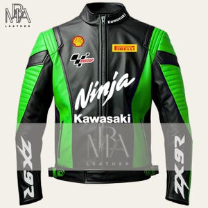 Men&#39;s Kawasaki Ninja ZX9R Motorbike Racing Leather Jacket Kawasaki Racing Motorcycle Biker Jacket Green & Black