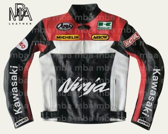 Men's Kawasaki Ninja Leather Racing Jacket: Red & Black Biker Style